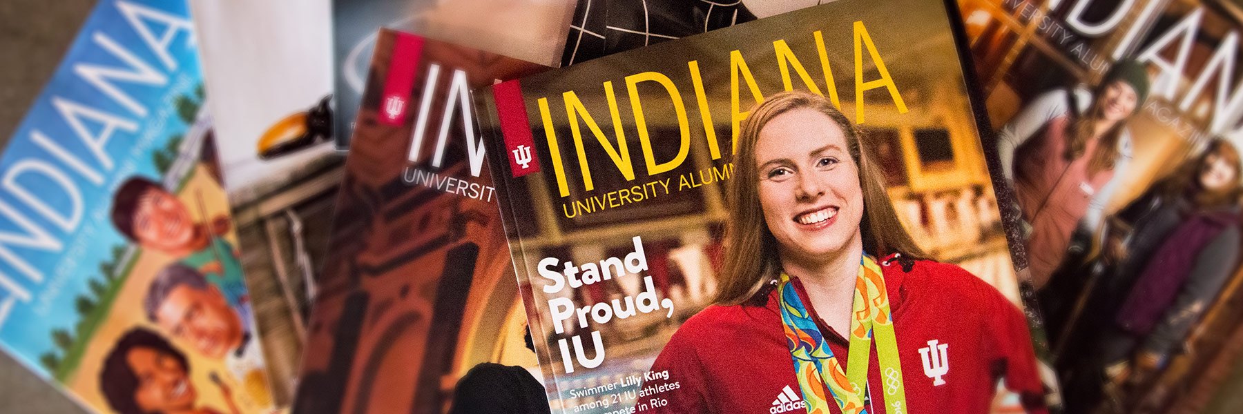 A pile of Indiana University Alumni Magazine magazines