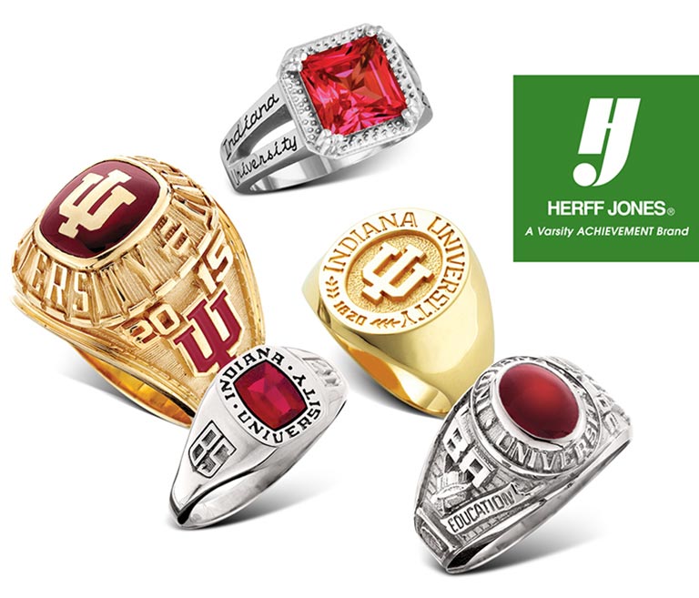 Five styles of Indiana University class rings in gold and silver with Herff Jones logo